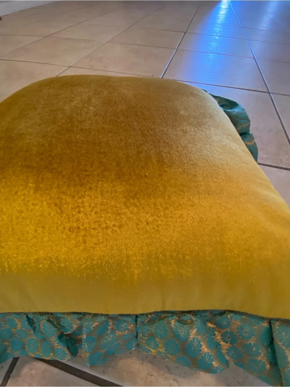 Embroidered Dancer Velvet Throw Pillow in Mustard Yellow with Teal Ruffle